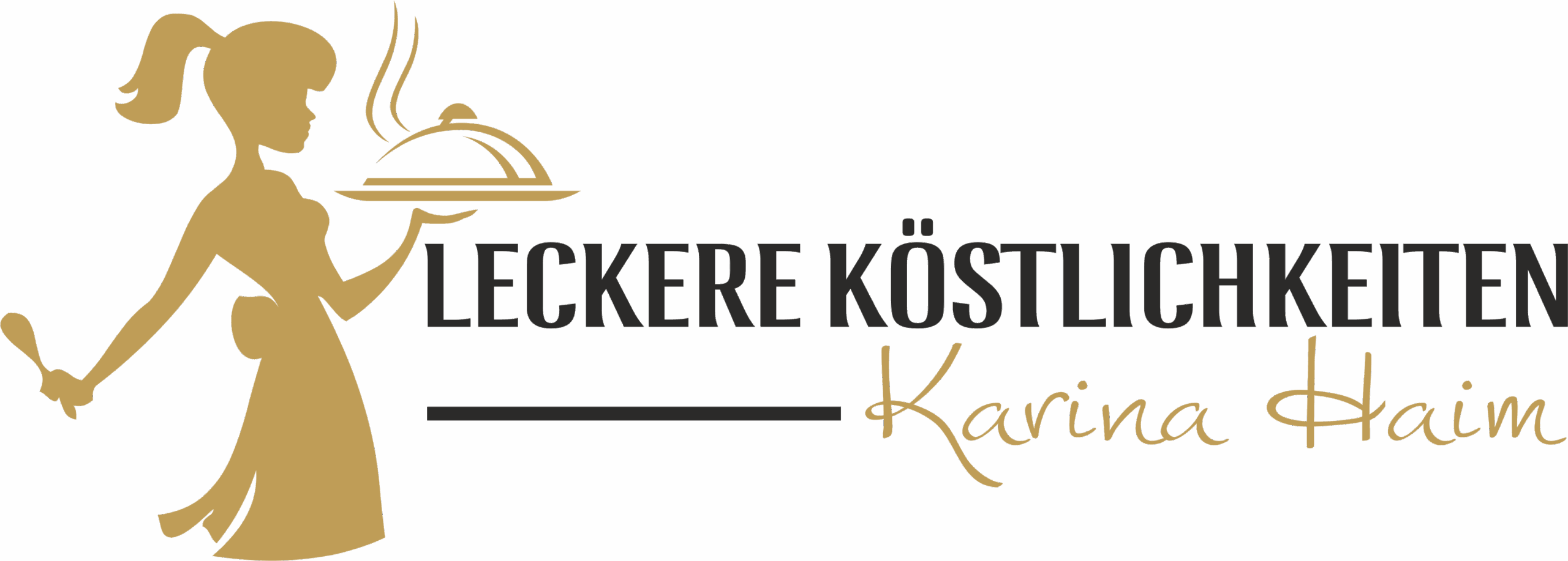 Das Logo zeigt eine goldene Silhouette einer Frau in einer Schürze, die einen gedeckten Teller und einen Löffel hält, neben dem Text LECKERE KÖSTLICHKEITEN - Karina Haim in schwarzer und goldener Schrift, perfekt für Catering- oder Hochzeitscateringdienste.